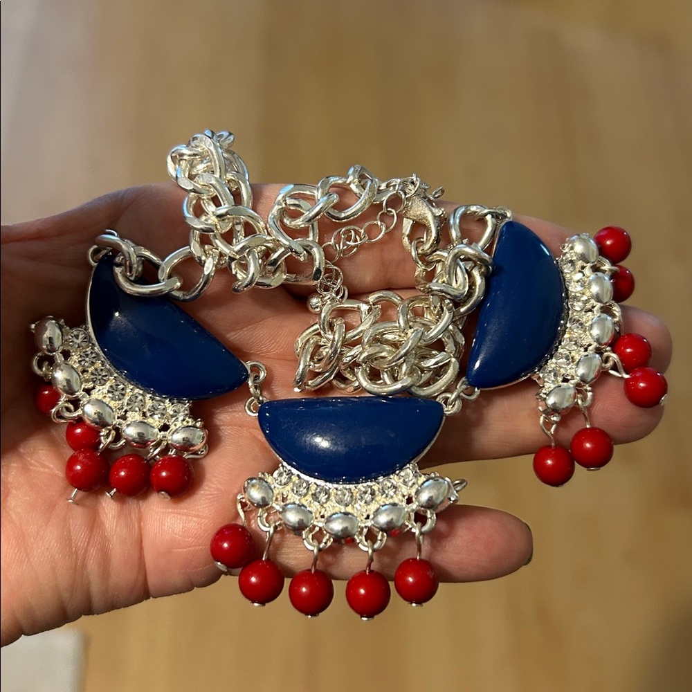 Navy Red silvertone Necklace patriotic enamel statement necklace with beads